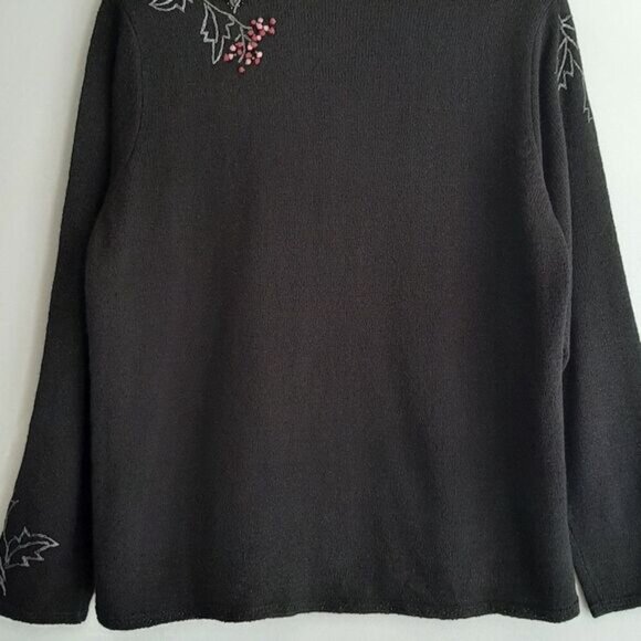 TANJAY / Floral Embroidered Button Down Fine Knit Cardigan Sweater Black Sz M P - Picture 10 of 15